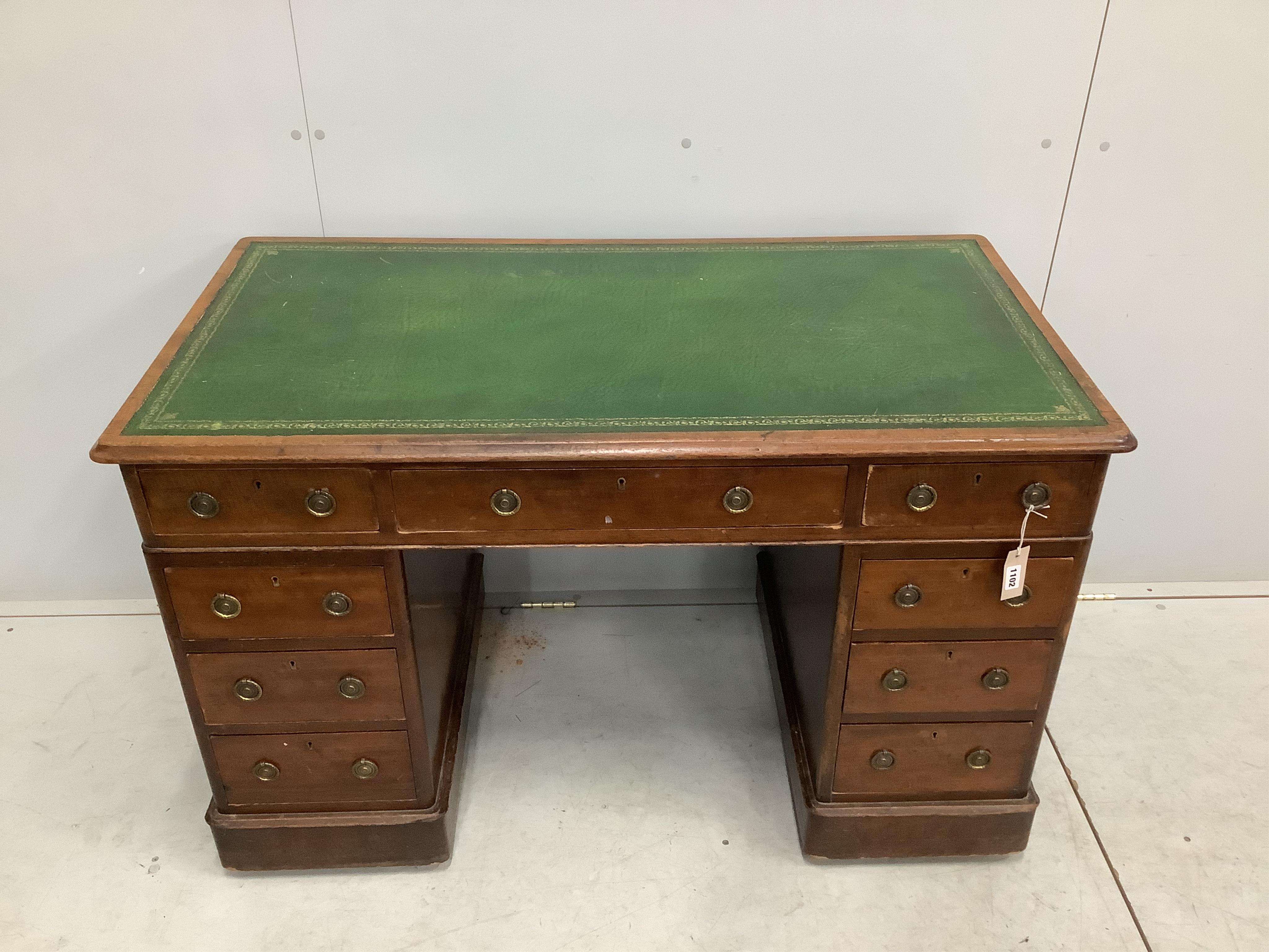 A Victorian mahogany pedestal desk, width 121cm, depth 66cm, height 77cm. Condition - poor, although evidence of worm possibly active